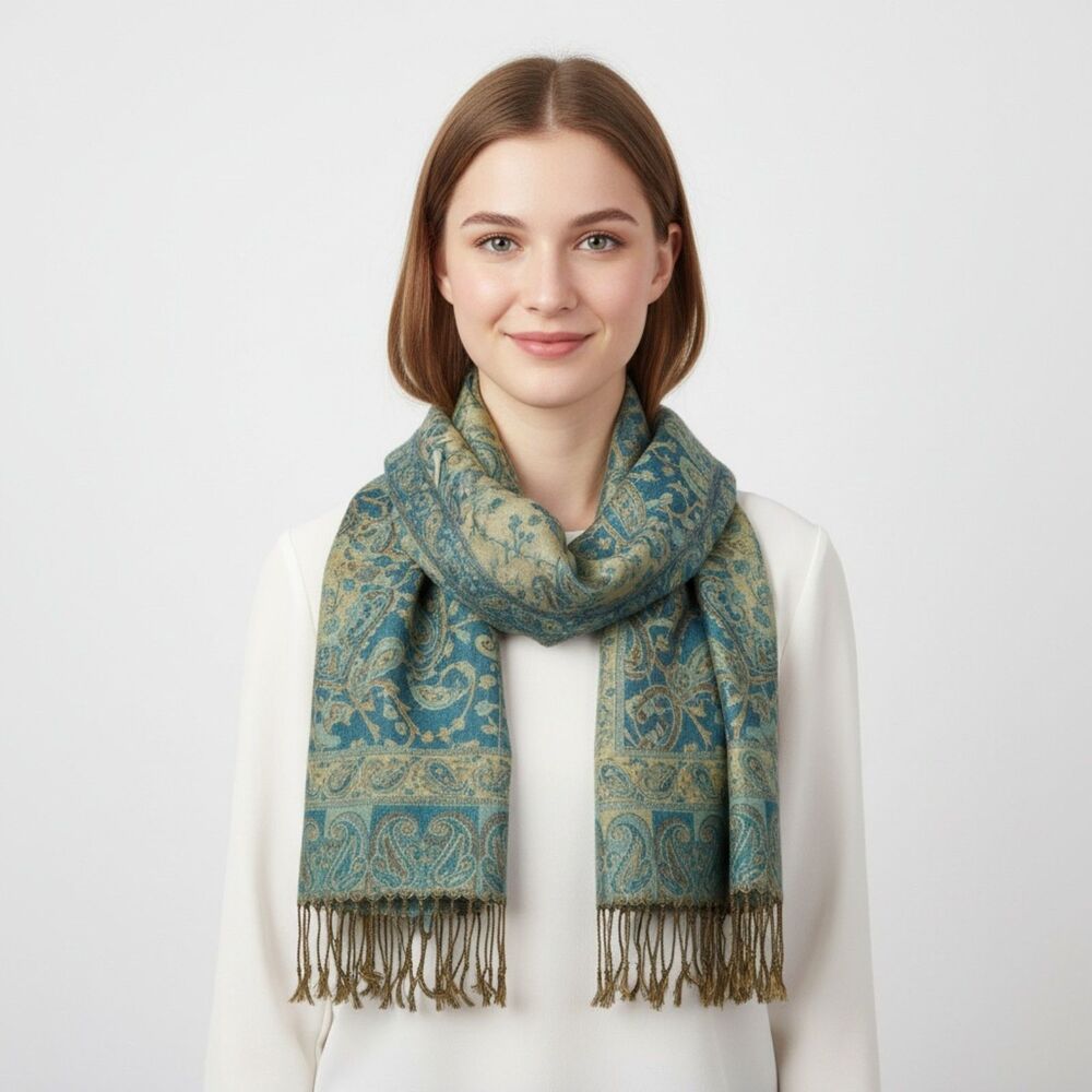 Pashmina Blue & Tan Print Metallic Rectangular Fringe Edge Scarve